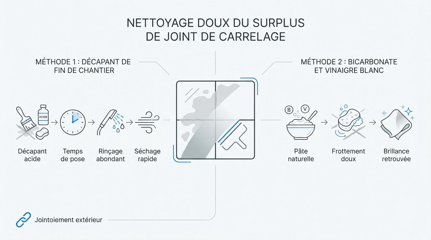 Nettoyage doux des joints de carrelage avec éponge et produit spécifique