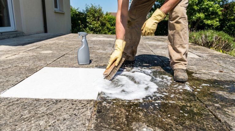 Personne en gants récurant une terrasse sale avec une brosse. Une partie est déjà propre, produit moussant et vaporisateur visibles.
