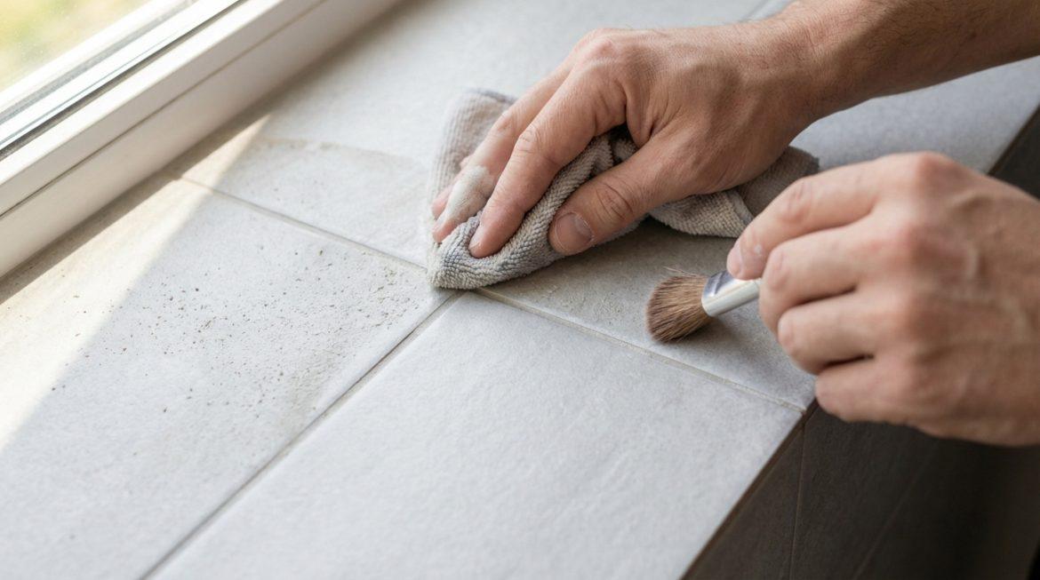 Gros plan sur des mains retirant l'excès de joint de carrelage. Un chiffon et une brosse douce sont utilisés pour éviter les rayures.