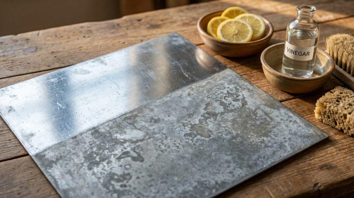 Feuille de zinc divisée, une moitié brillante, l'autre patinée. Vinaigre, citrons, brosse et éponge pour la patine.