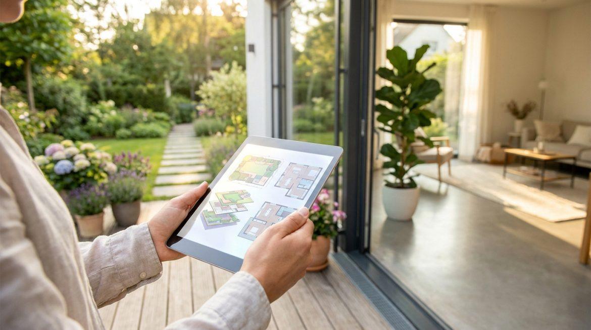 Mains tenant une tablette montrant des plans d'aménagement de jardin et d'intérieur. Un jardin verdoyant et un salon moderne sont visibles.