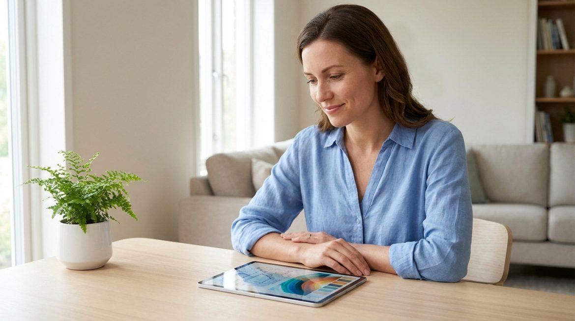 Femme souriante utilisant une tablette pour visualiser un projet de rénovation avec palettes de couleurs.