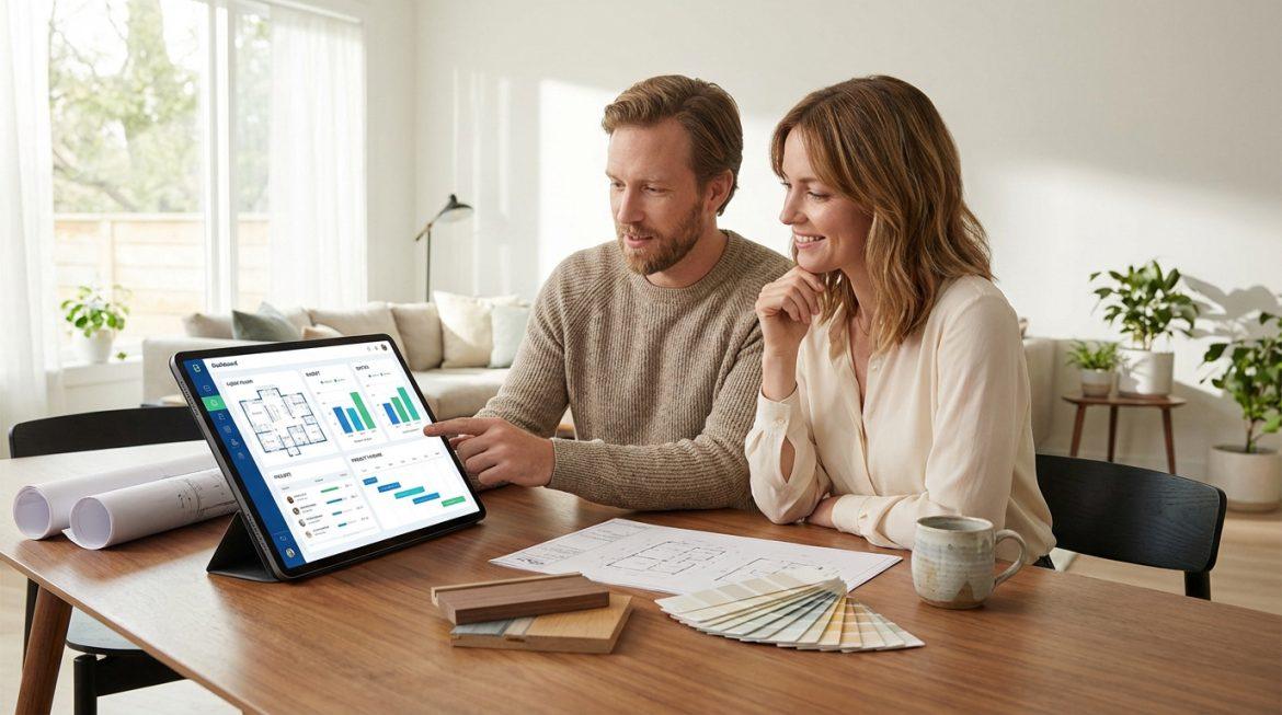 Un couple souriant examine des plans et un budget de rénovation sur une tablette. Des plans papier, échantillons de couleurs et matériaux sont sur la table.