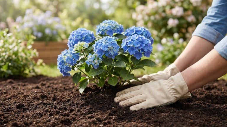 Mains gantées plantant un hortensia bleu éclatant dans un sol sombre et meuble. Arrière-plan flou d'un jardin ensoleillé.