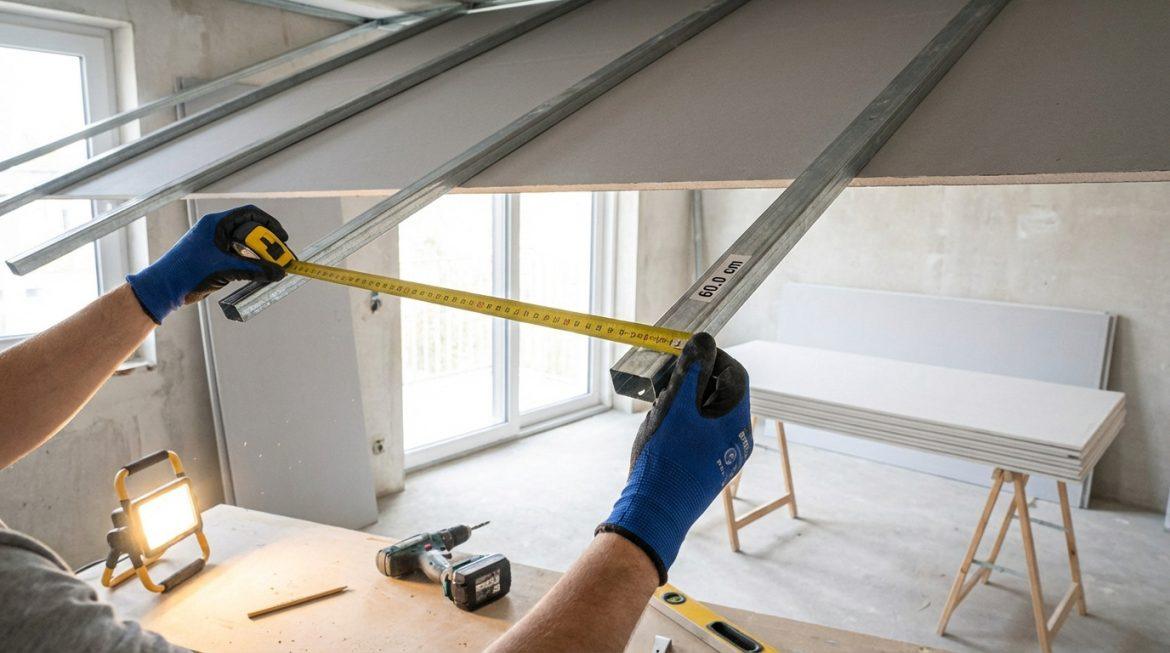 Gants bleus mesurant 60 cm entre deux rails métalliques pour plafond placo. Outils et plaques de plâtre en arrière-plan.