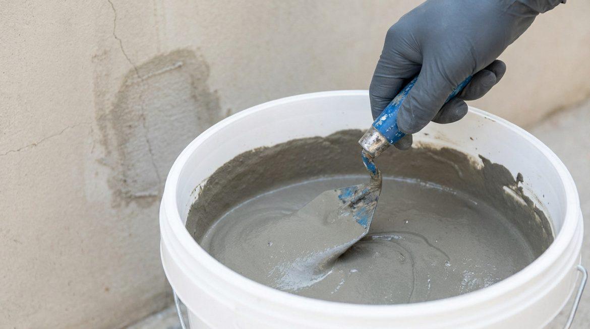 Une main gantée mélange de la pâte de ciment grise dans un seau blanc avec une truelle, près d'un mur fissuré.
