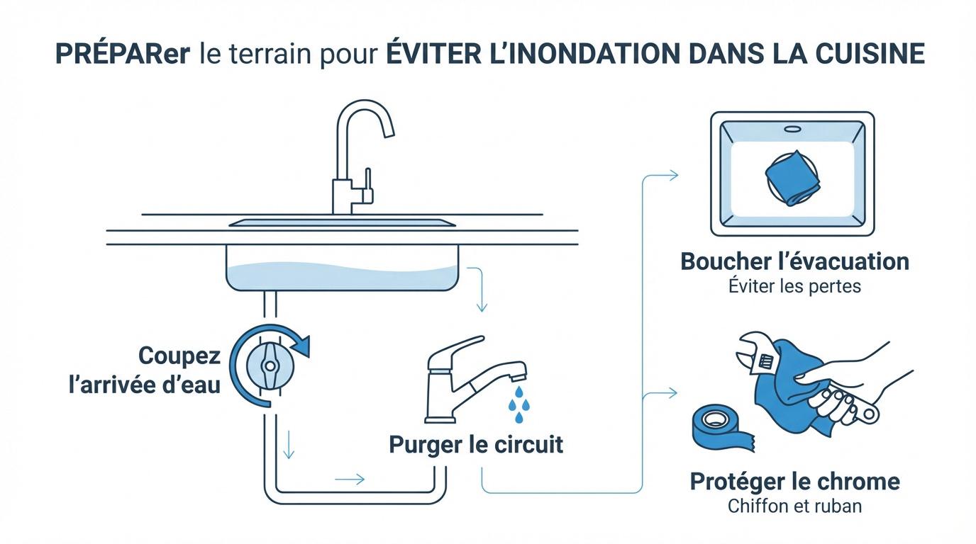 Préparation de l'évier pour réparer une fuite de mitigeur