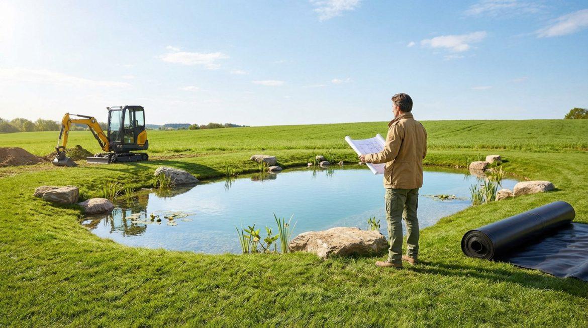 Homme avec plan devant un étang en aménagement dans un champ, avec une mini-pelle et une bâche déroulée.