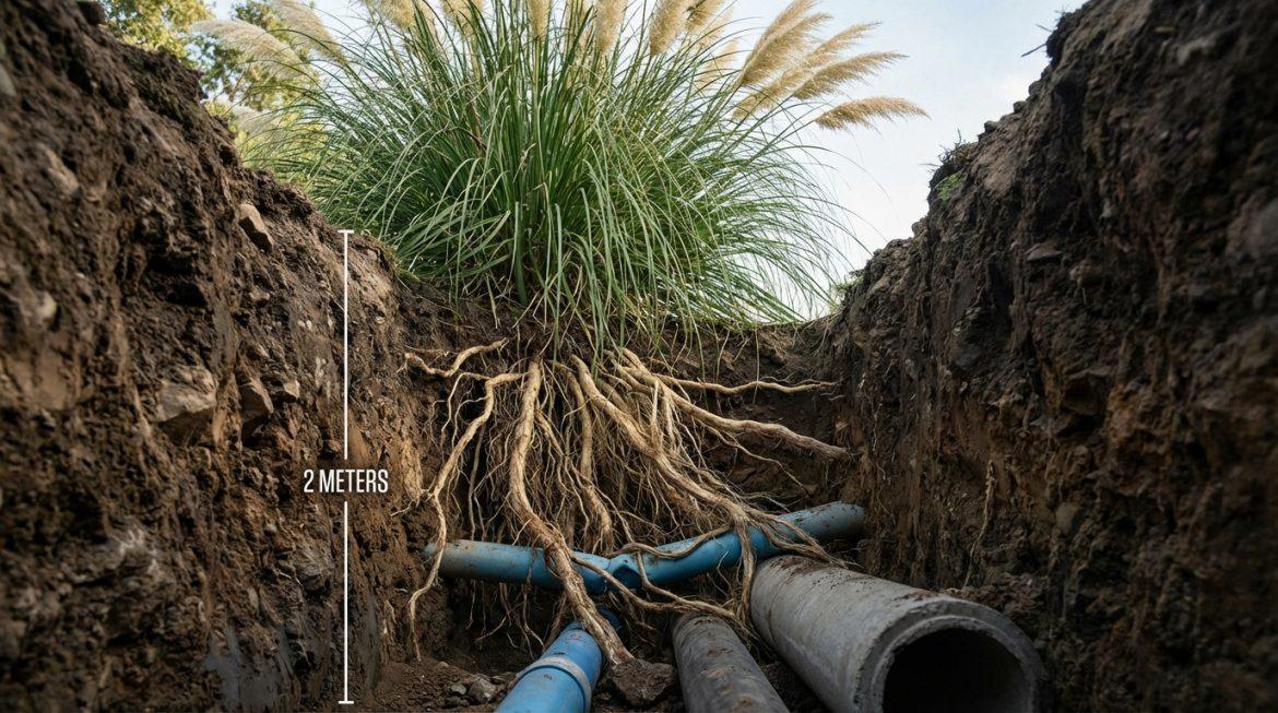 Fossé profond de 2 mètres exposant les racines d'une herbe de la pampa géante emmêlées autour de canalisations.