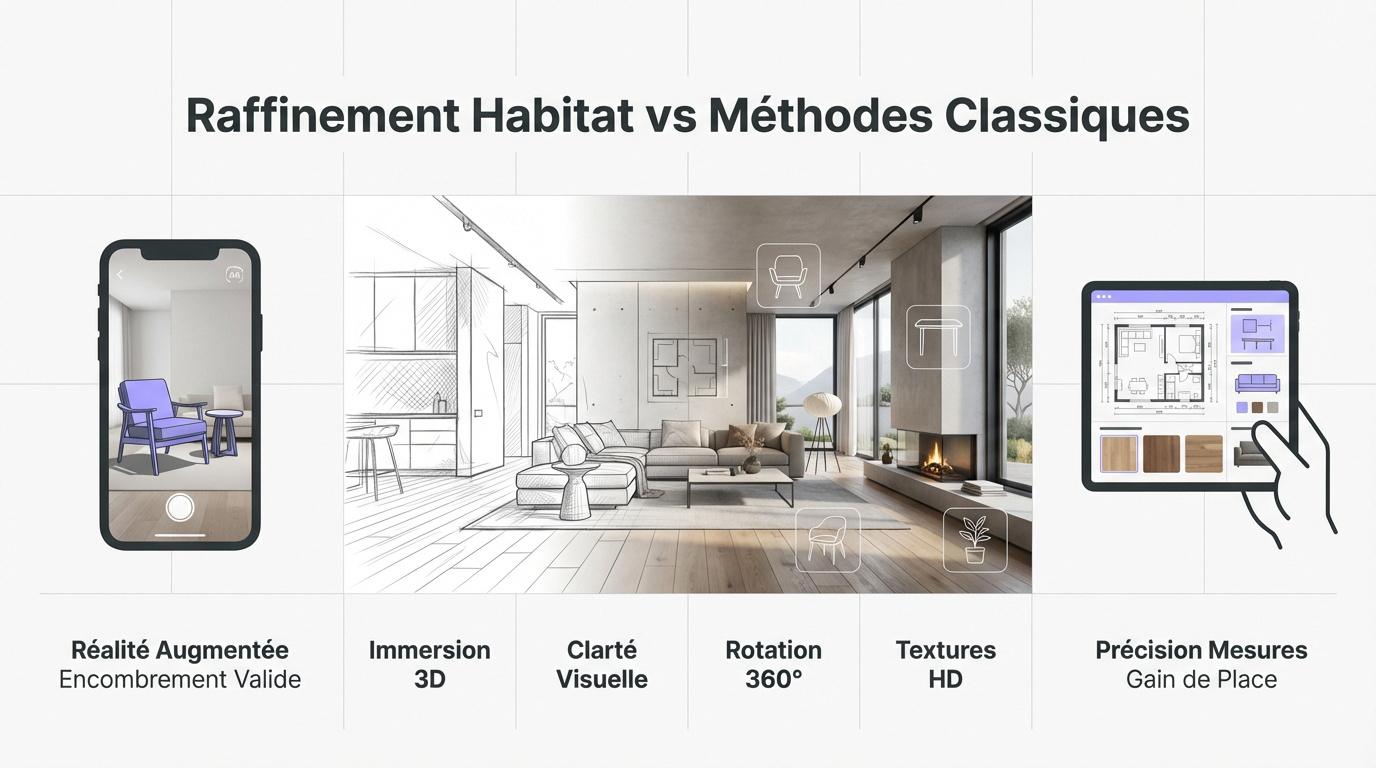 Comparaison entre un plan de maison classique et une simulation 3D moderne sur tablette