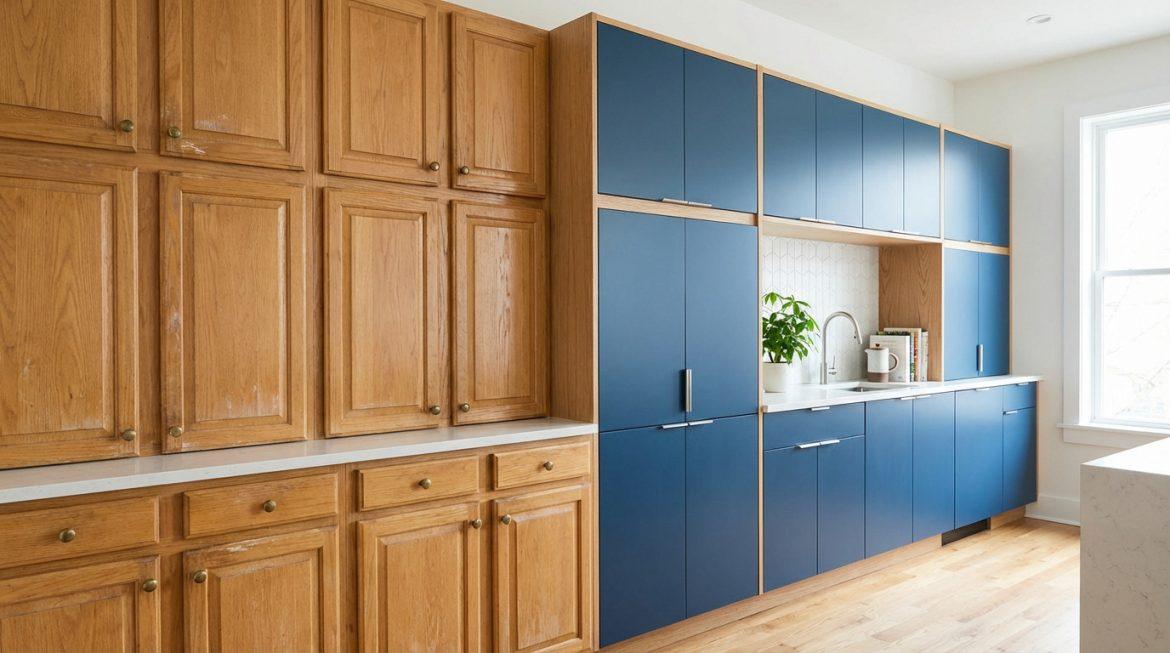 Image divisée montrant une cuisine : à gauche, vieux placards en bois usés ; à droite, nouveaux placards bleus modernes.