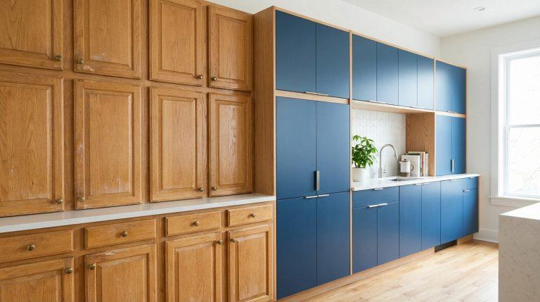 Image divisée montrant une cuisine : à gauche, vieux placards en bois usés ; à droite, nouveaux placards bleus modernes.