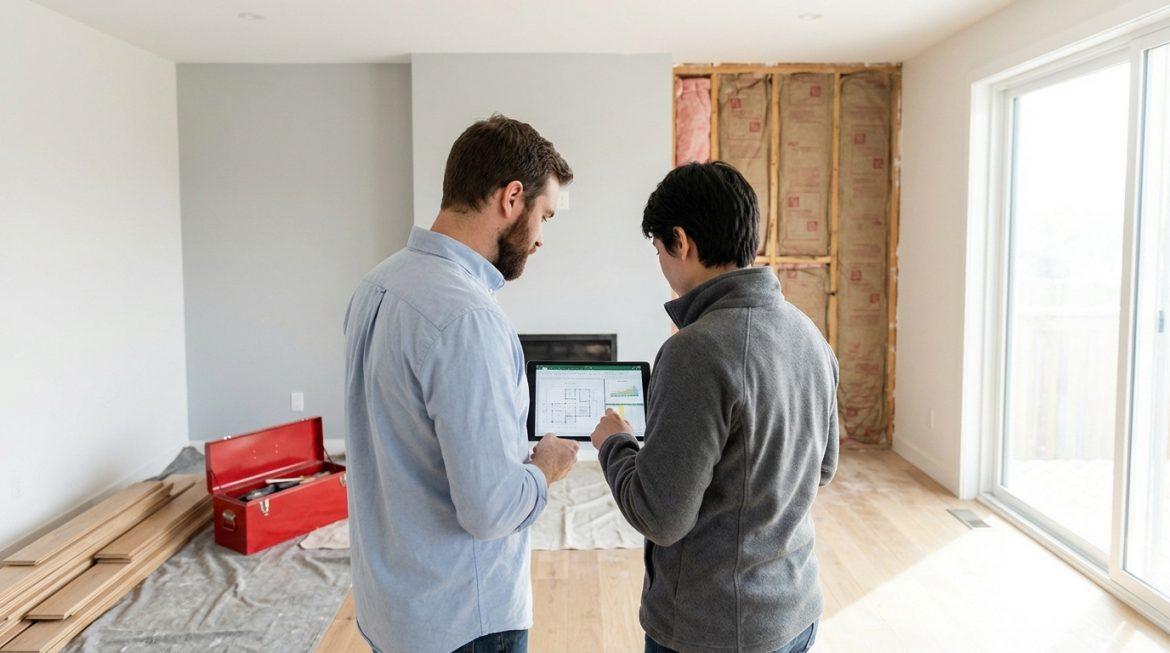 Deux hommes consultent un plan de rénovation sur tablette. La pièce est en travaux avec des lames de parquet, une boîte à outils et un mur isolé.