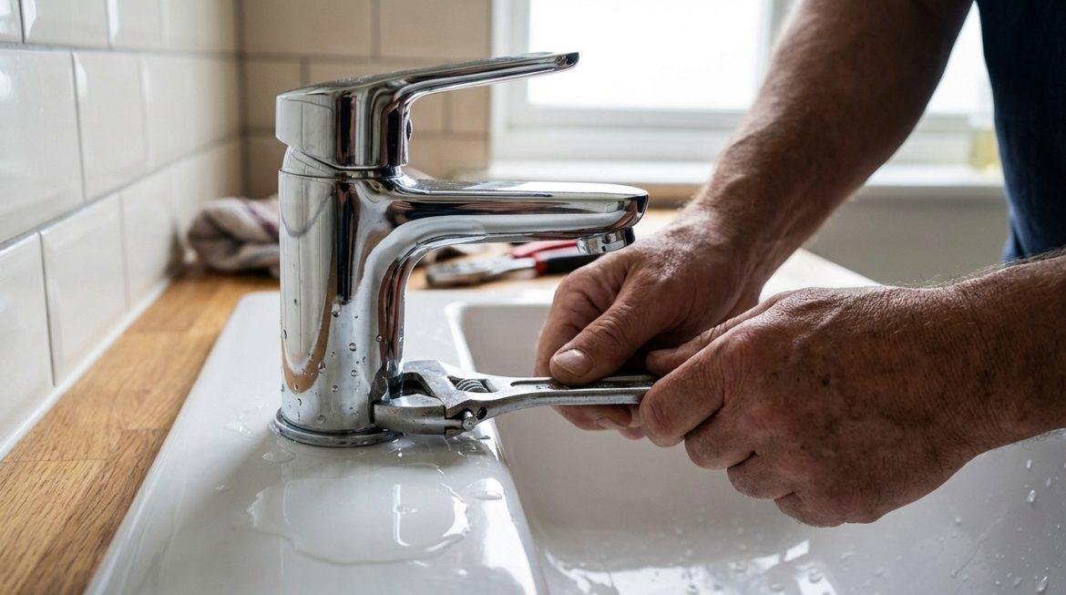 Mains d'un homme serrant un mitigeur de lavabo chromé avec une clé à molette. De l'eau fuit à la base du robinet.
