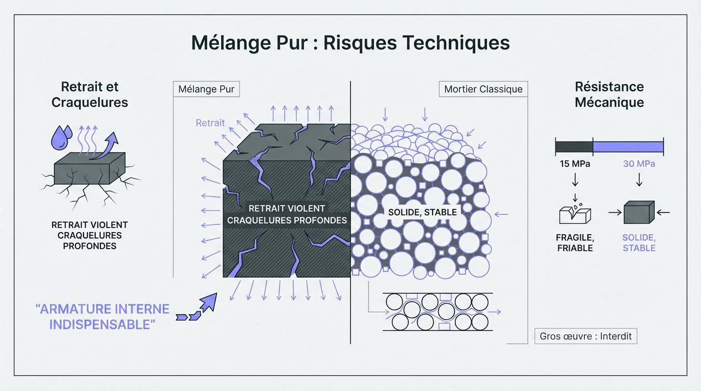 Fissures sur une surface de ciment pur sans sable