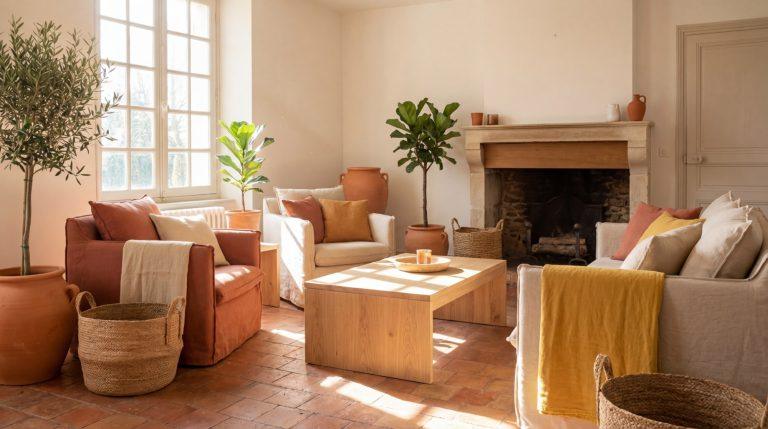 Salon lumineux et chaleureux avec canapés et fauteuils, plantes, cheminée et sol en terre cuite, baigné de lumière naturelle.