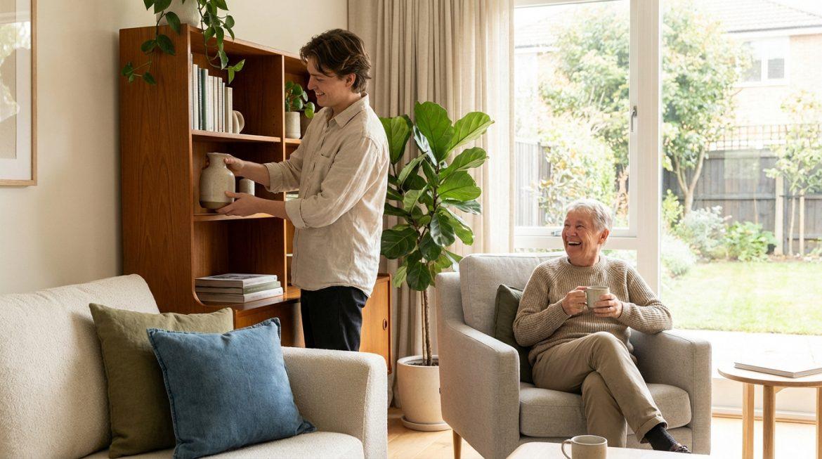 Un jeune homme arrange une étagère en bois dans un salon lumineux. Un homme plus âgé rit dans un fauteuil, tasse à la main, près d'une fenêtre.