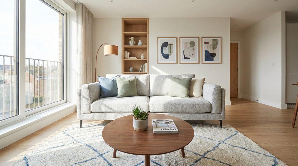 Salon moderne lumineux avec grand canapé gris, table basse en bois, étagère murale et œuvres d'art abstraites colorées.