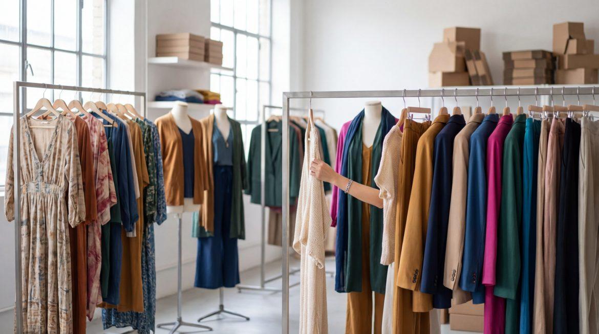 Une main sélectionne une robe claire sur un portant dans une boutique de mode. Mannequins et étagères de vêtements colorés en arrière-plan.