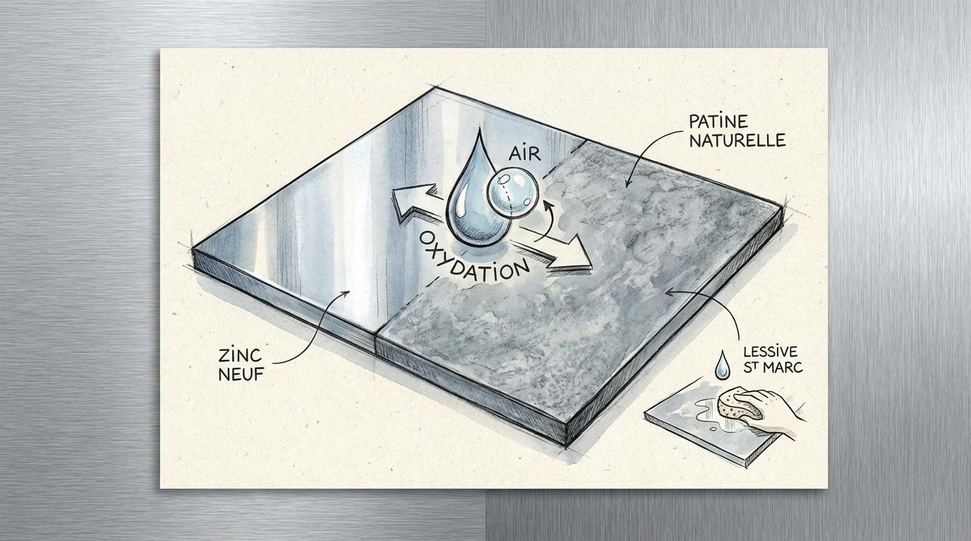 Transformation du zinc neuf brillant vers une patine gris mat