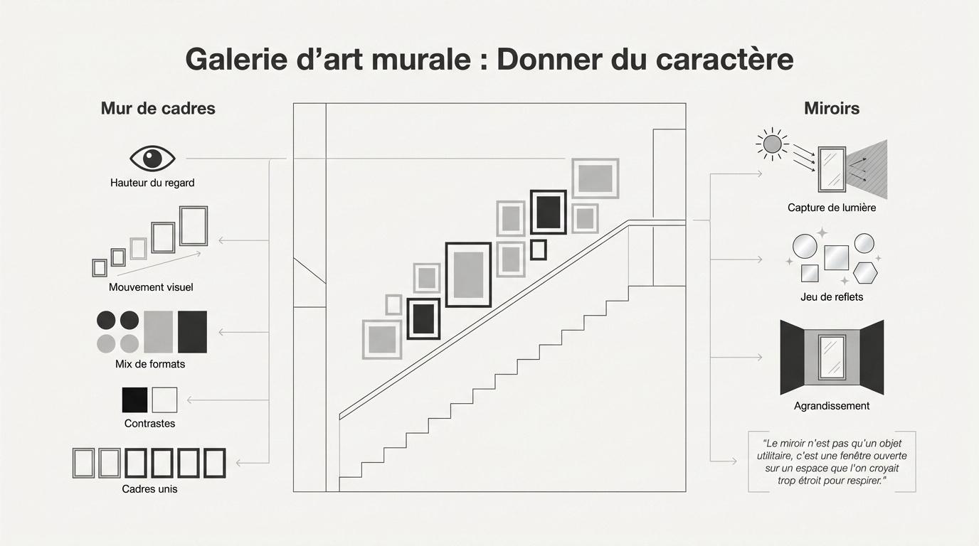 mur de cadres élégant dans une cage d'escalier fermée
