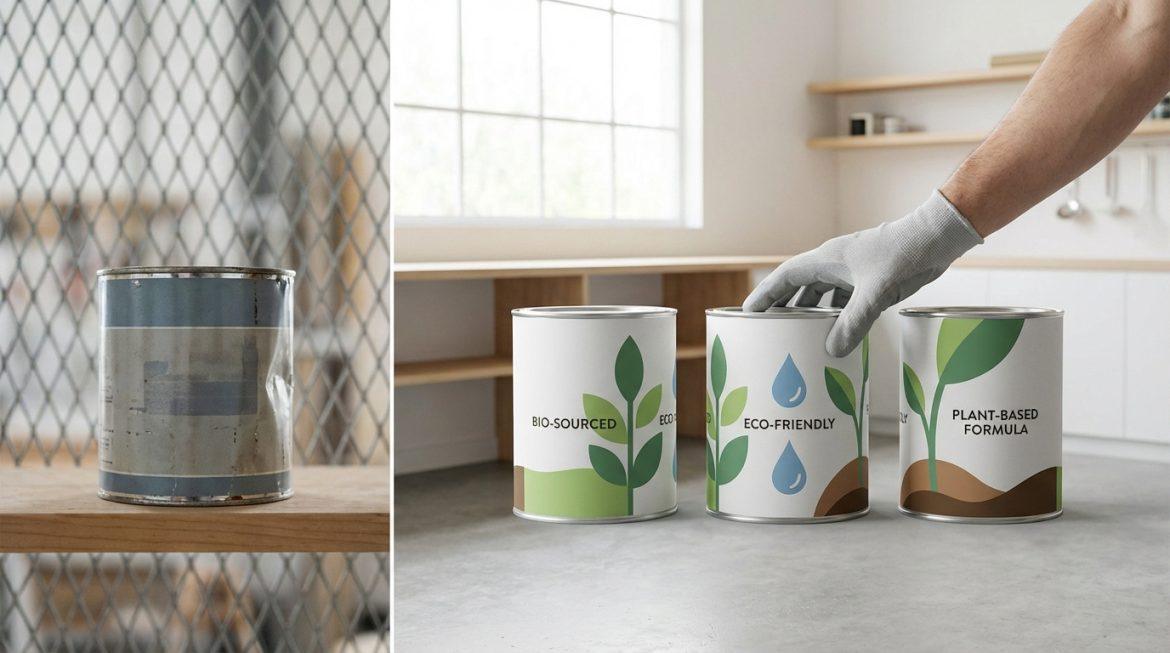 Contraste entre une vieille boîte de peinture abîmée et de nouvelles canettes de peinture biosourcée, éco-friendly, à base de plantes.