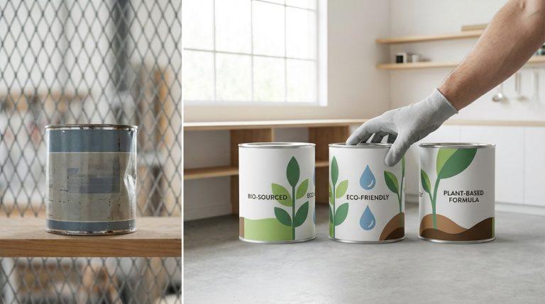 Contraste entre une vieille boîte de peinture abîmée et de nouvelles canettes de peinture biosourcée, éco-friendly, à base de plantes.