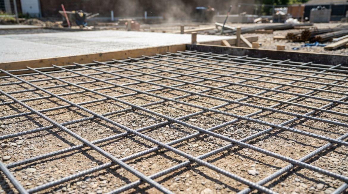 Treillis soudé métallique ST25 posé sur un lit de gravier pour une dalle en béton sur un chantier.