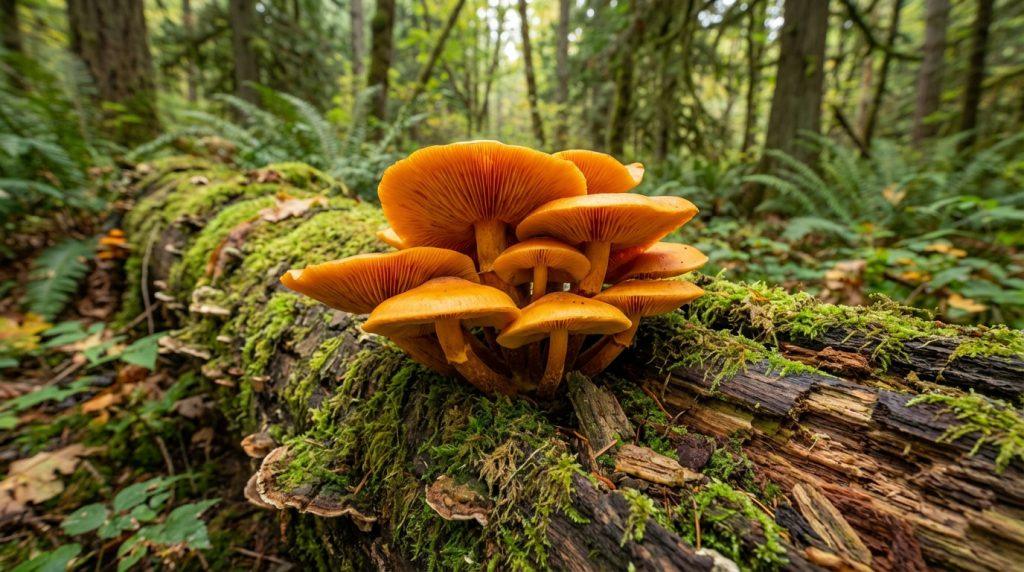Gros plan sur une grappe de champignons orange vif poussant sur un tronc d'arbre mort couvert de mousse verte dans une forêt luxuriante.