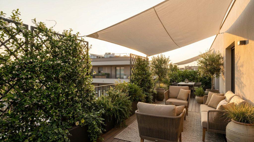 Terrasse de toit luxuriante au coucher du soleil. Plantes, treillis fleuris, arbres en pot, canapés confortables et voiles d'ombrage.
