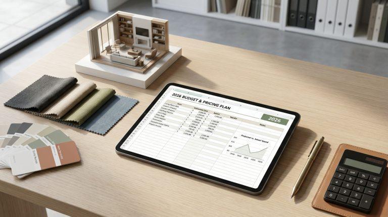 Bureau avec maquette d'intérieur, échantillons de tissu, nuancier et tablette affichant un plan de budget 2026 pour la décoration.