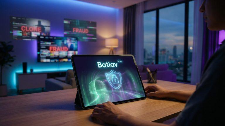 Vue d'une personne utilisant une tablette Batiav sécurisée. En arrière-plan, des écrans mettent en garde contre le clonage et la fraude.