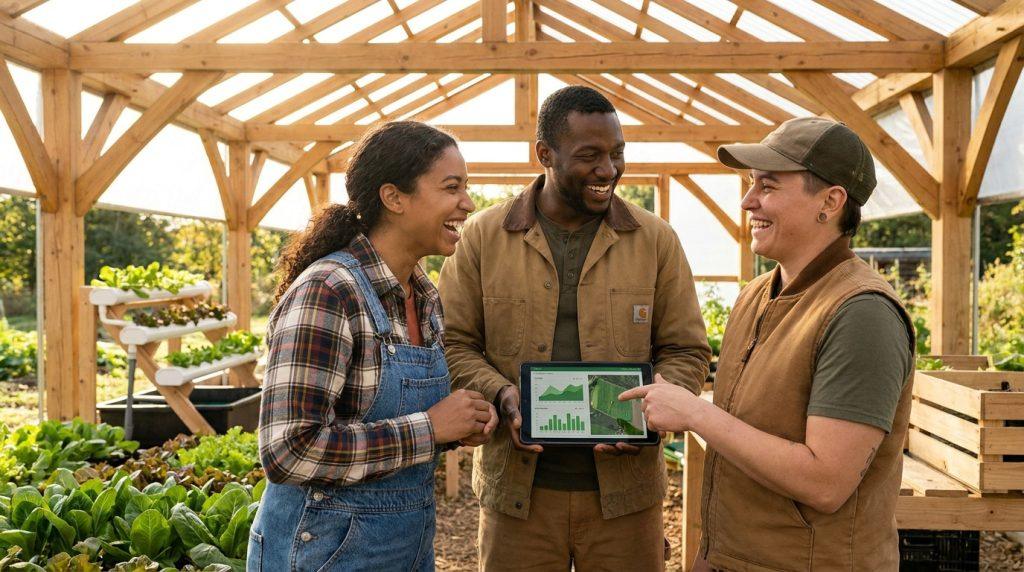 Trois agriculteurs souriants examinent une tablette affichant des données agricoles et un plan de culture dans une serre verdoyante.