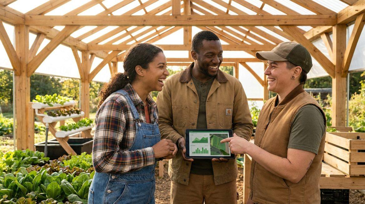 Trois agriculteurs souriants examinent une tablette affichant des données agricoles et un plan de culture dans une serre verdoyante.