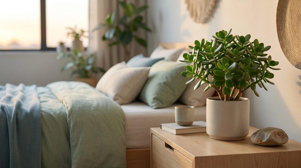 Arbre de jade en pot sur table de chevet dans une chambre lumineuse et apaisante avec lit douillet, coussins et fenêtre au lever du soleil.