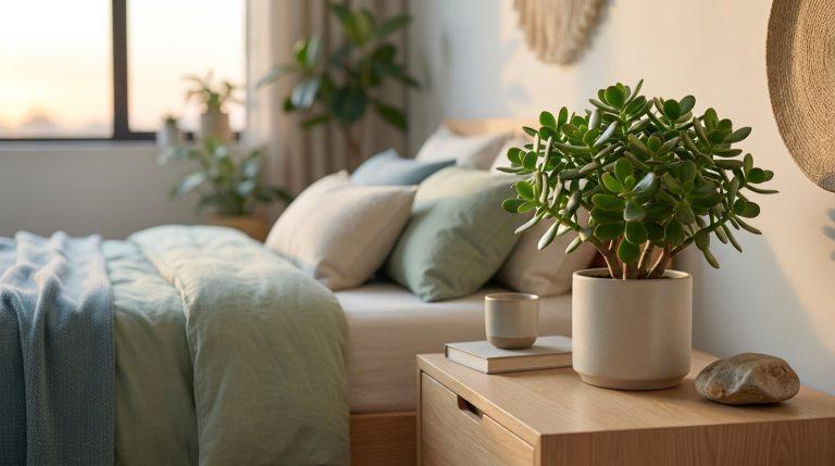 Arbre de jade en pot sur table de chevet dans une chambre lumineuse et apaisante avec lit douillet, coussins et fenêtre au lever du soleil.
