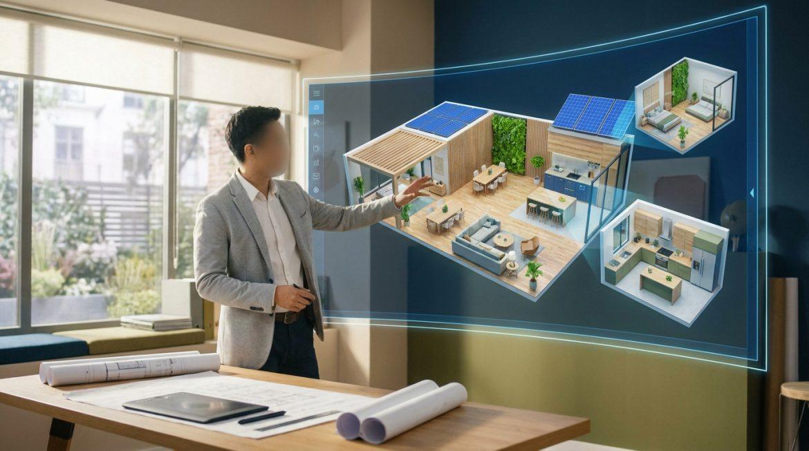Un architecte visualise un modèle 3D holographique d'une maison avec des plans de rénovation détaillés et des vues de pièces.