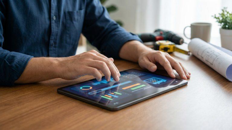 Gros plan sur les mains d'un homme utilisant une tablette affichant des graphiques. Des outils d'artisan sont en arrière-plan.