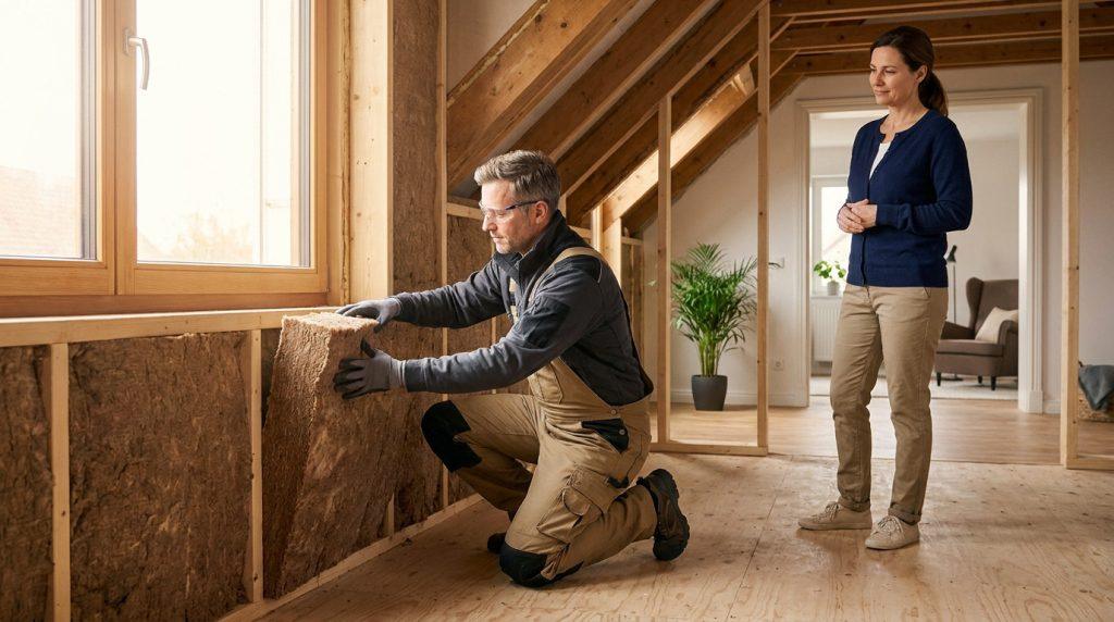 Artisan en salopette et lunettes pose de l'isolation murale dans un intérieur en rénovation, sous le regard attentif d'une femme.