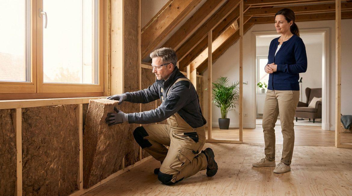 Artisan en salopette et lunettes pose de l'isolation murale dans un intérieur en rénovation, sous le regard attentif d'une femme.