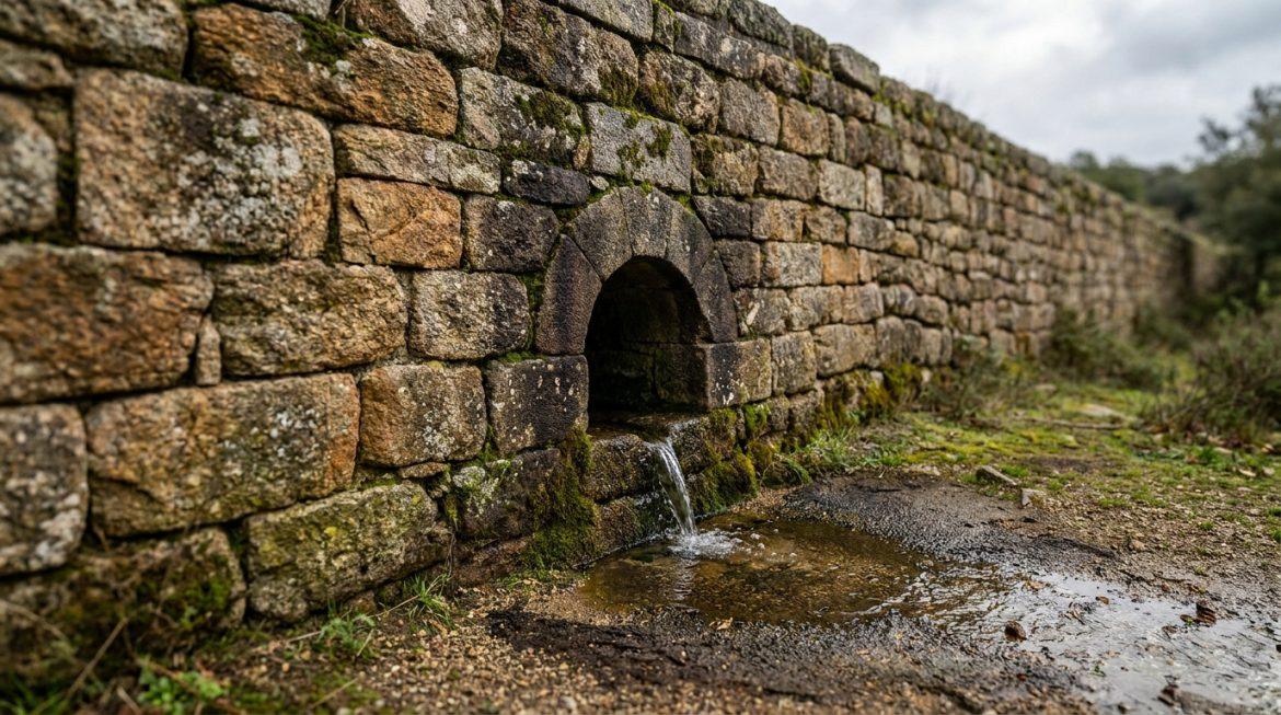 Une barbacane voûtée en pierre d'où s'écoule de l'eau, dans un mur ancien couvert de mousse, avec une flaque au sol.