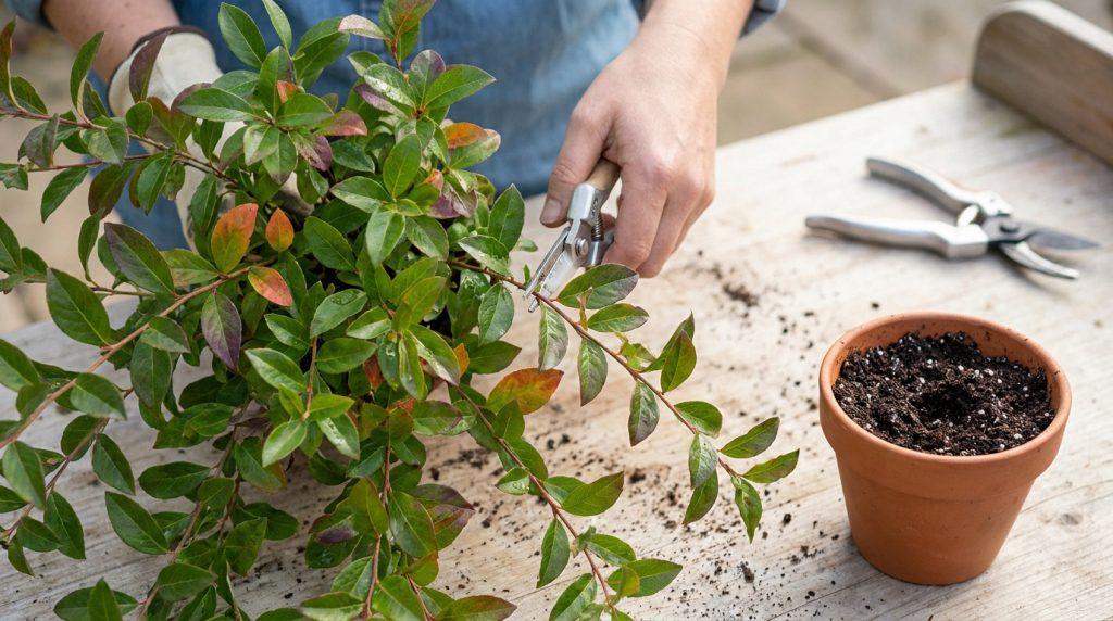 Mains coupant une branche d'Itea avec un sécateur sur une table en bois, à côté d'un pot de terreau et d'autres outils.