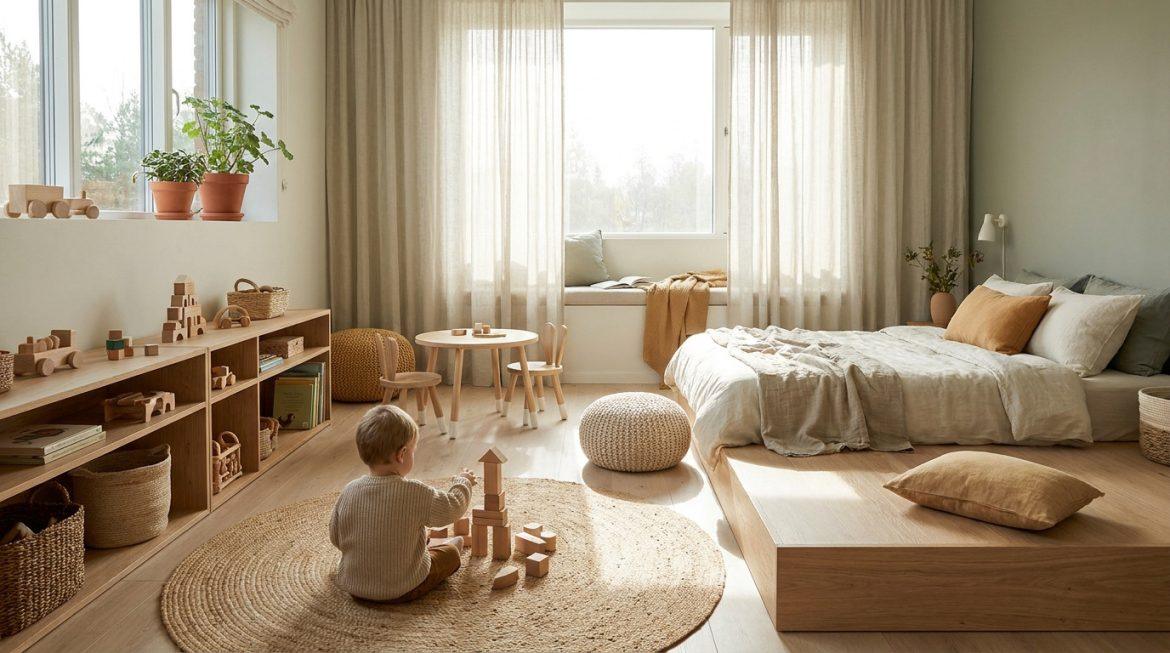 Un enfant joue avec des blocs en bois dans une chambre lumineuse aux tons naturels avec un lit bas, des étagères de jouets et une fenêtre.