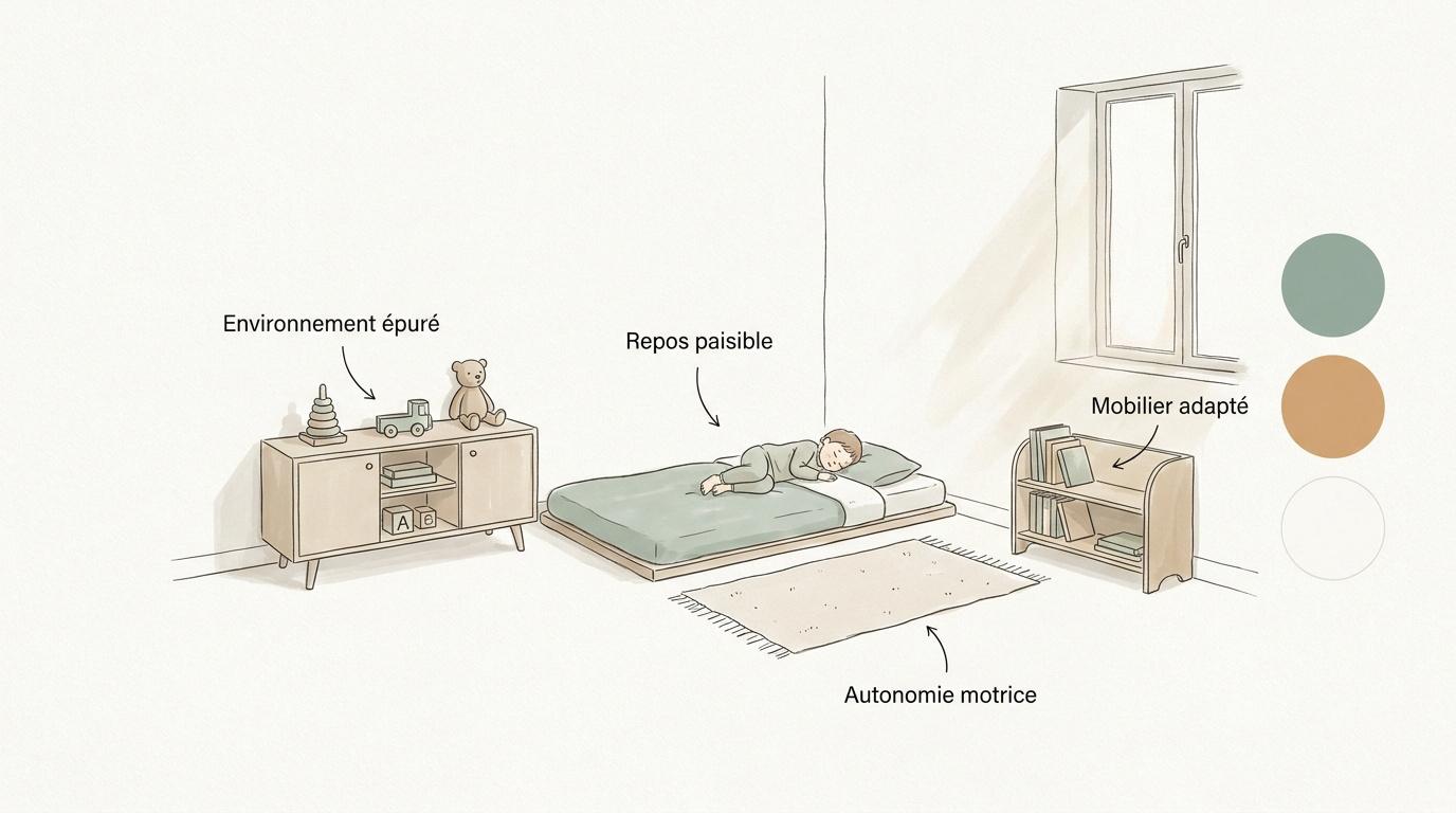 Chambre d'enfant épurée avec lit au sol et rangements bas favorisant l'autonomie