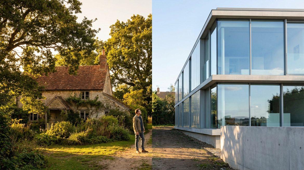 Un homme devant deux styles de maisons : une ancienne en pierre et une moderne en verre. Symbolise le choix immobilier.