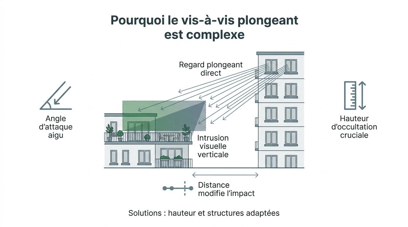 Schéma explicatif de l'angle d'attaque d'un vis-à-vis plongeant depuis un immeuble
