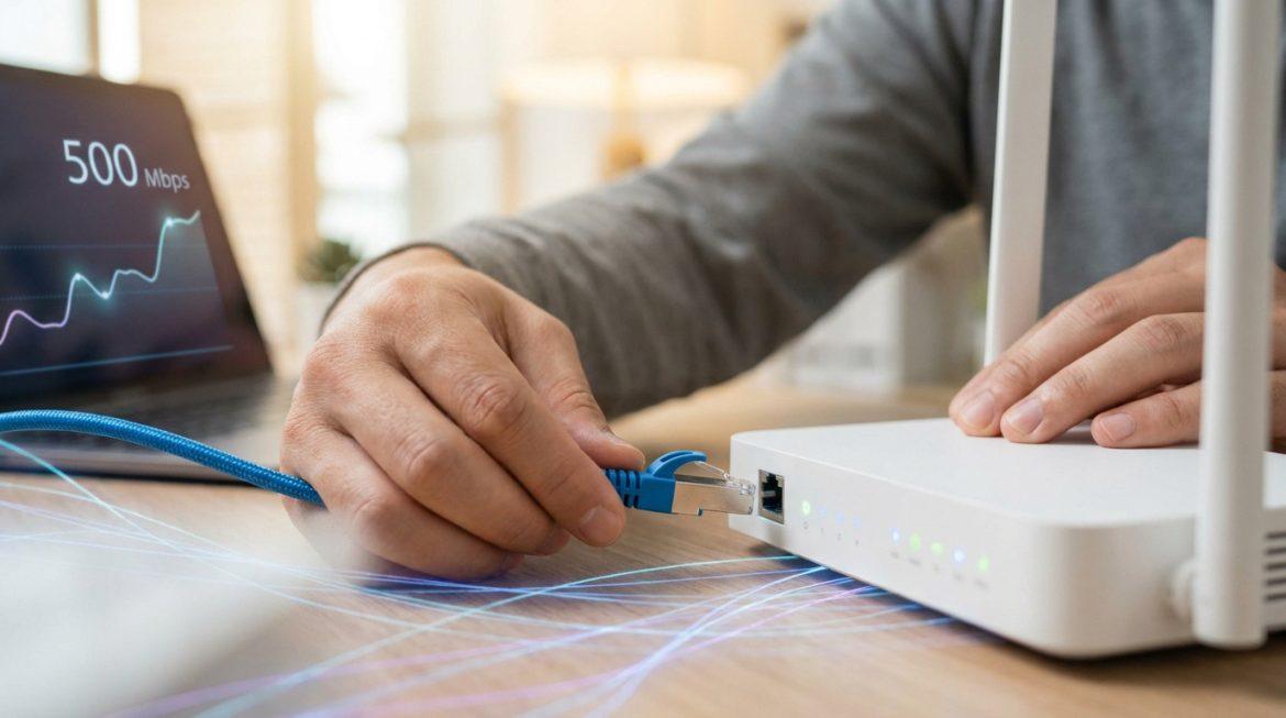 Personne branchant un câble Ethernet à un routeur Wi-Fi, avec un laptop affichant 500 Mbps et un graphique de débit.