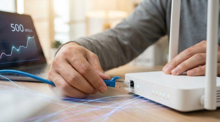 Personne branchant un câble Ethernet à un routeur Wi-Fi, avec un laptop affichant 500 Mbps et un graphique de débit.