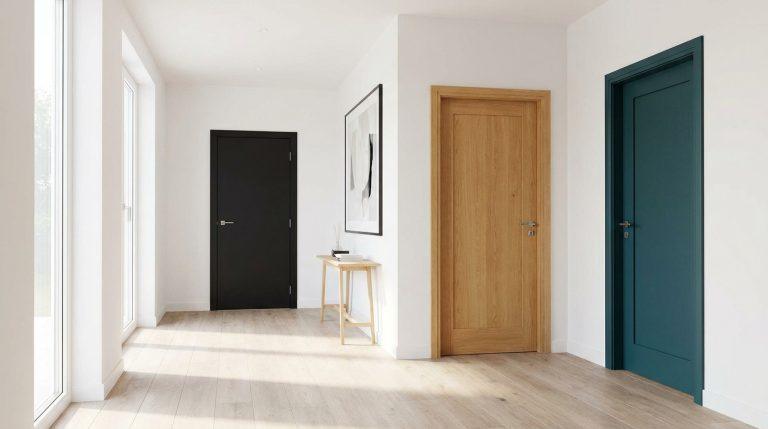 Couloir moderne aux murs blancs et sol en bois clair, présentant trois portes intérieures : noire, bois clair et bleu canard.