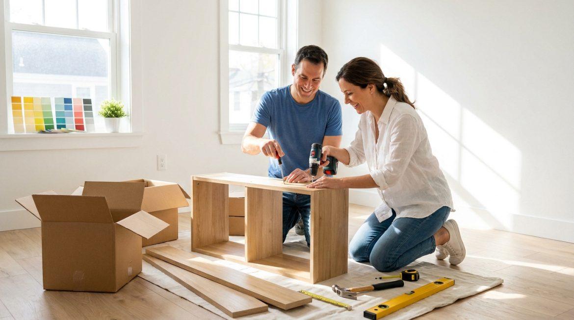 Un couple souriant assemble un meuble en bois clair dans une pièce lumineuse. La femme utilise une perceuse, l'homme un tournevis.